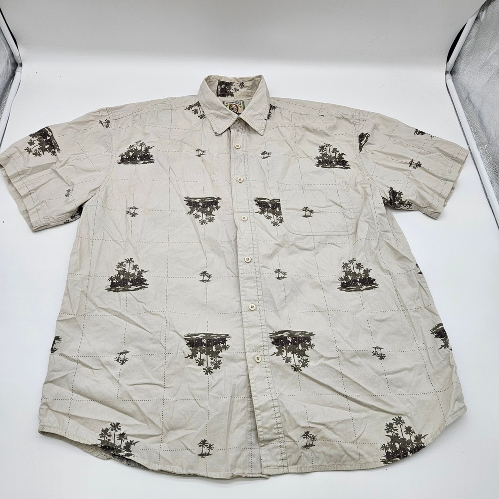 Panama‎ Jack Resort Mens XL Button Down Shirt Palm Tree Grid Print Short Sleeve